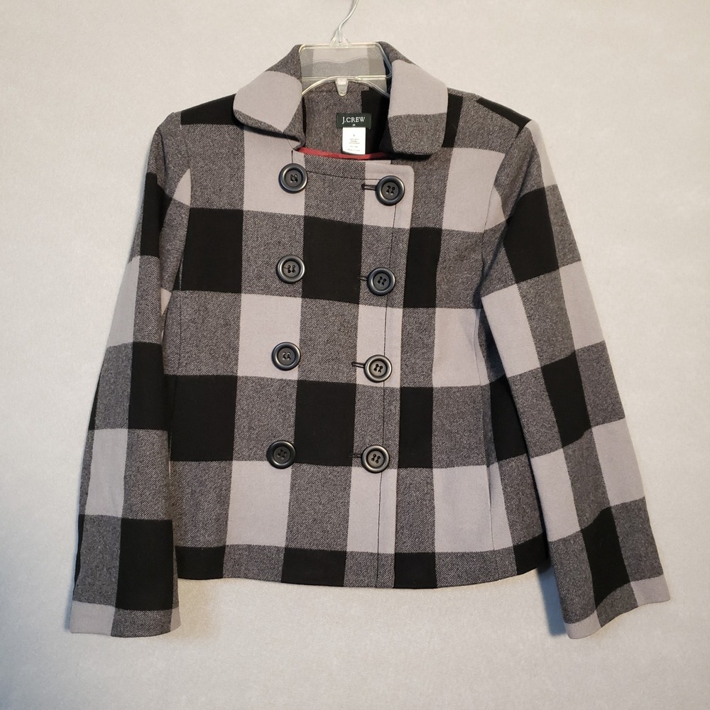 J.Crew Womens 6 Wool Pea Coat Buffalo Plaid Double Breasted Y2K Dark Academia